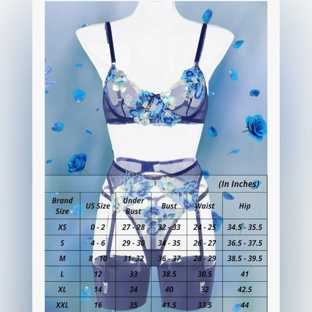Blue Floral Embroidered Mesh Lingerie Set 4pc Garter Sheer Lace - Picture 7 of 7